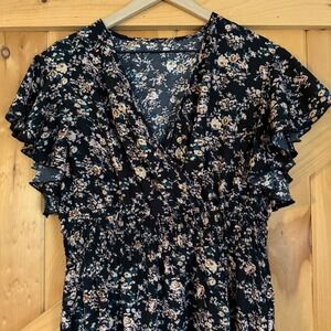 Floral Maxi Dress Black Boho Smocked Waist Flutter Sleeve Chic Bohemian XL